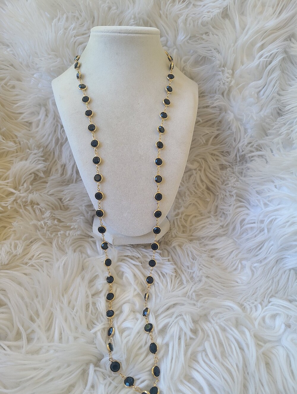 Swarovski Gold Toned Bezel Long Necklace Black Crystals- Great Vintage Condition
